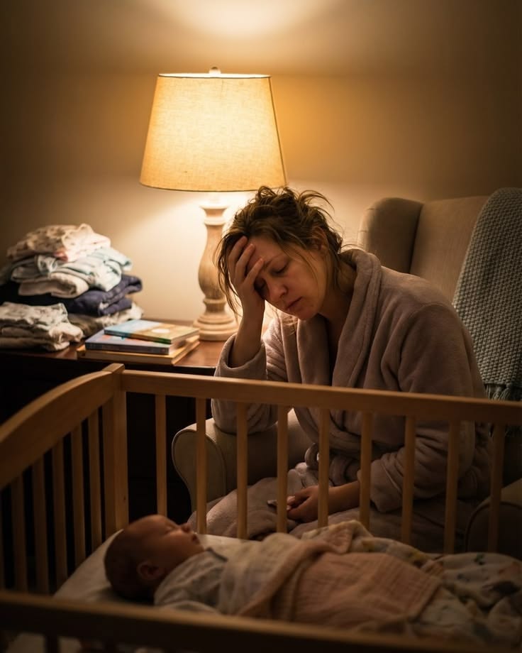 Mãe exausta cuidando do bebê durante a noite